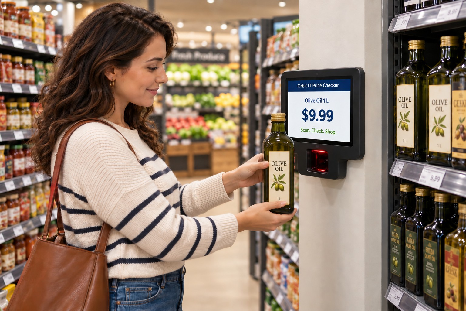 Customer checking a 1-liter bottle of olive oil at an Orbit IT wall-mounted price checker between grocery shelves.